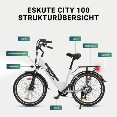 ESKUTE C100 E-Bike, 26 Zoll Elektrofahrrad, E-Cityrad 250W HeckMotor, 375Wh Wechselakku,bis zu 60km, LCD-Display, Tiefeinsteiger E-CityBike Für Damen und Herren Erwachsene Weiß