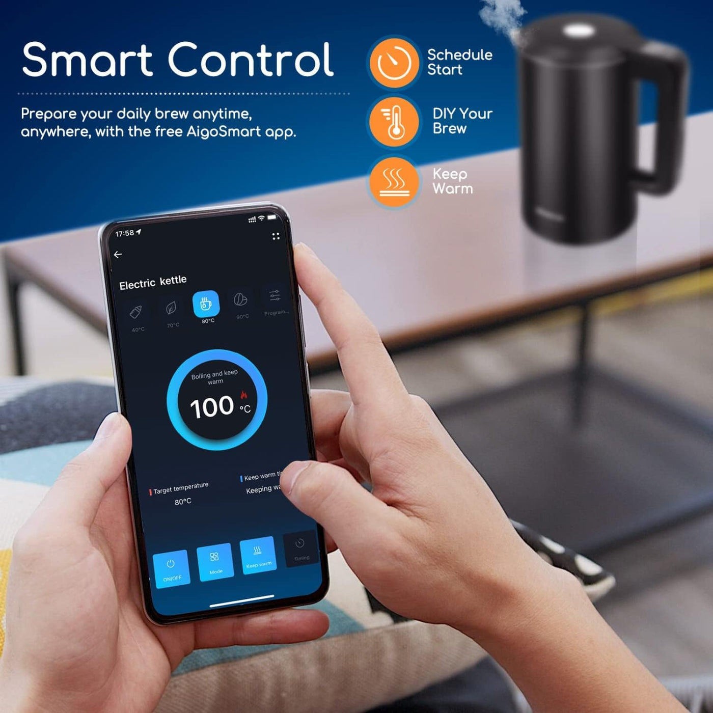 Aigostar - Smart Wasserkocher mit Temperatureinstellung 40°C-100°C, WiFi Steuerung Kompatibel zu Alexa, 1,7 L Edelstahl Doppelwand Cool Touch, Leise & Kabellos, Warmhaltefunktion, Schwarz