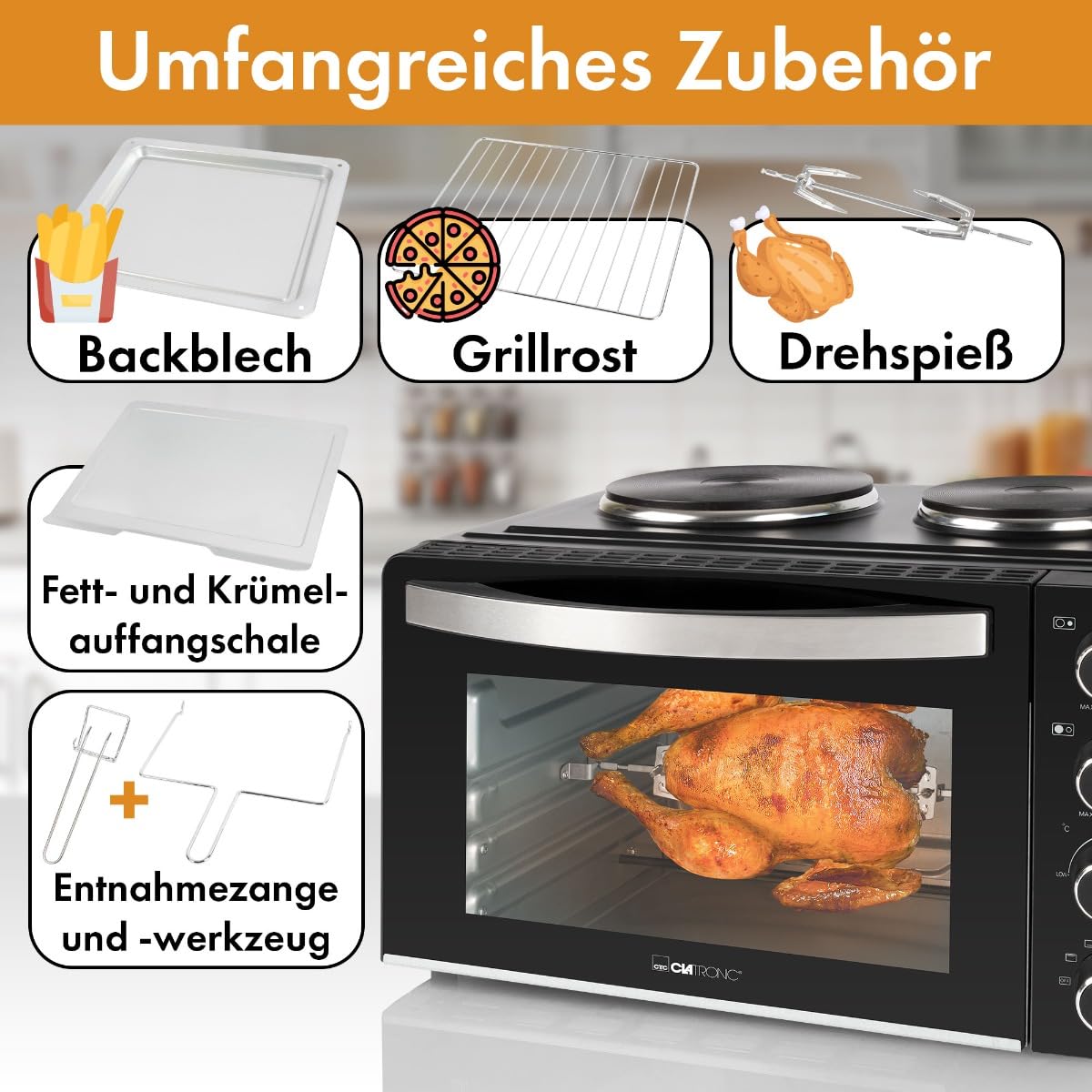 Clatronic® Mini-Backofen mit Kochplatten und Drehspieß | gleichzeitig kochen u. backen | Minibackofen 28L Umluft Ober-/Unterhitze 100°-230°C | Elektrischer Mini Ofen 3100 Watt inkl. Zubehör | KK 3786