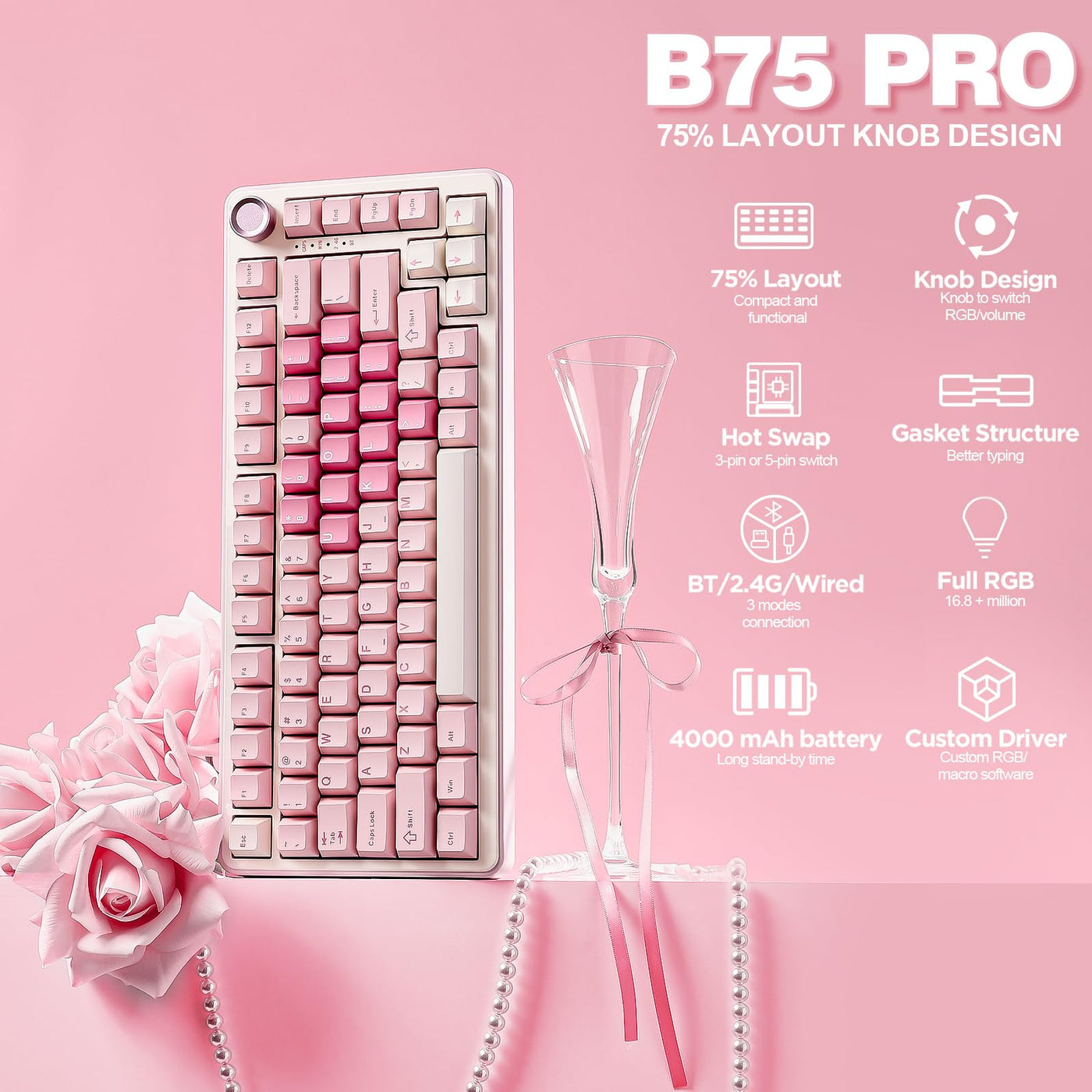 YUNZII B75 PRO Drahtlose Mechanische Tastatur, 75% Gaming Tastatur Dichtung Hot Swap Custom Tastatur mit Knopf, Vorgeschmierte Schalter RGB, Tri-Mode Tastatur (Pink, Cocoa Cream V2 Switch)