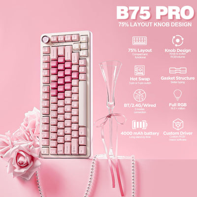 YUNZII B75 PRO Drahtlose Mechanische Tastatur, 75% Gaming Tastatur Dichtung Hot Swap Custom Tastatur mit Knopf, Vorgeschmierte Schalter RGB, Tri-Mode Tastatur (Pink, Cocoa Cream V2 Switch)