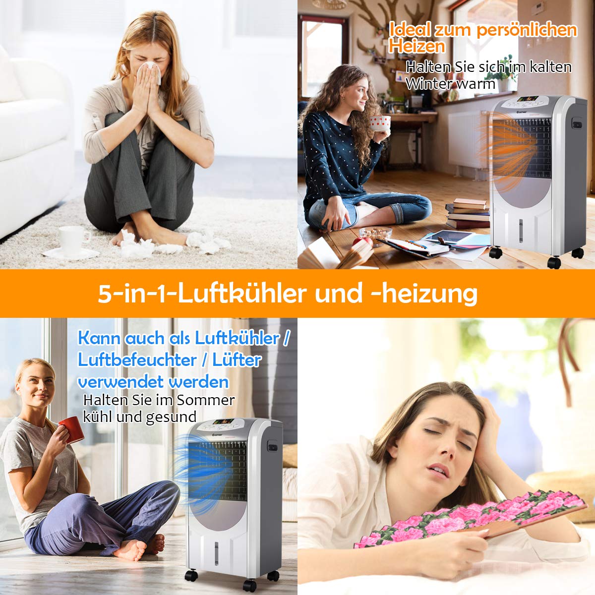 COSTWAY Heizlüfter 2000W, mobile Klimagerät ohne Abluftschlauch, Luftkühler Luftbefeuchter und Luftreiniger 8H Timer / 7L Wassertank / 70°Winkel/Fernbedienung