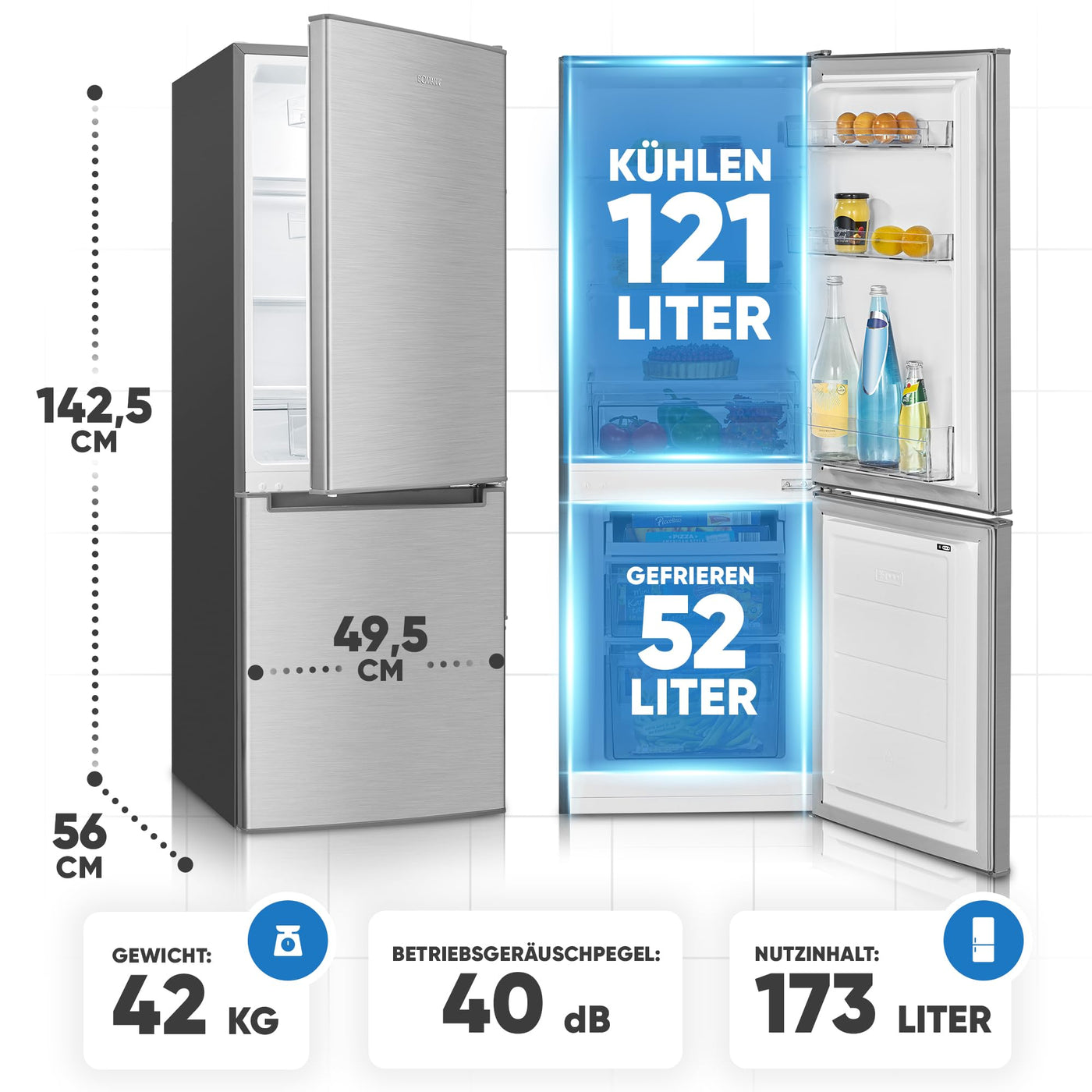 Bomann Kühlschrank mit Gefrierfach 143cm hoch | Kühl Gefrierkombination 173L mit 3 Ablagen & 3 Schubladen | Türanschlag wechselbar | leise Kühlgefrierkombi 40db | Kühlschrank KG 7359 inox