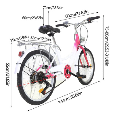 Fliuyr Kinderfahrrad 20 Zoll 6 Speichen,Ballett Fahrrad,Einstellbare Geschwindigkeit&Höhe,V-Brake Bremsen, Jugendrad mit Vordere,Hintere Schutzbleche und Vorderes Licht,Kinder Fahrrad für Mädchen