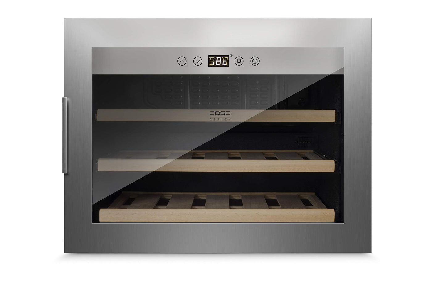 Caso WineSafe 18 EB Inox | Weinkühlschrank für 18 Flaschen | Einbaugerät Standardmaß, Höhe 45cm, 5-20°C, Innenraumbeleuchtung, UV-Filterglas, Edelstahl, 629