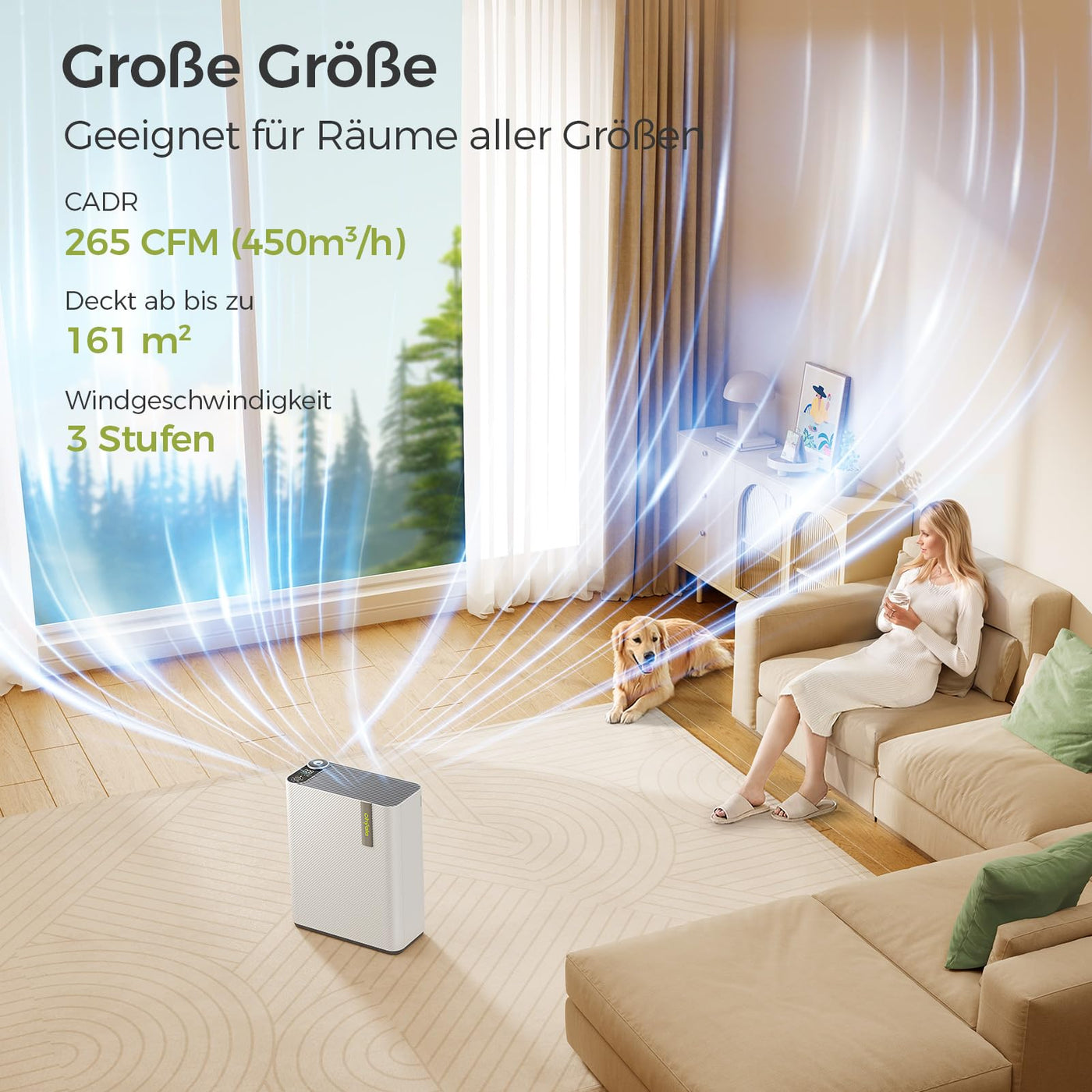 Dhyala Luftreiniger Allergiker für Wohnung Raucherzimmer, HEPA Luftfilter gegen Schimmel Staub Pollen Tierhaare, CADR 450m³/h für 161㎡, App-gesteuert Air Purifier 22dB Schlafmodus & Automodus