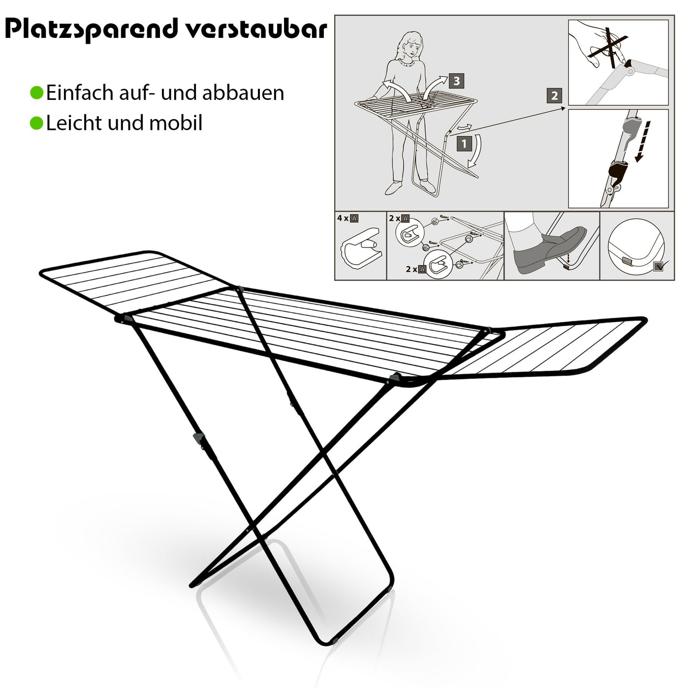 BigDean Wäscheständer Schwarz zusammenklappbar 18m Trockenlänge – Wäschetrockner Ständer mit X-Beinen für stabilen Stand – Wäscheständer Ultra leicht & Made in Europe