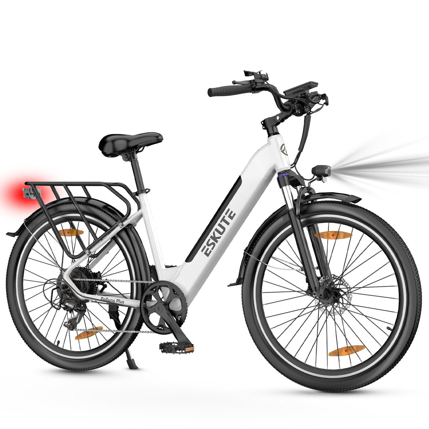 ESKUTE Elektrofahrrad 26 Zoll Polluno Plus, Pendlerfahrrad, E-Cityrad, Elektrisches Stadtrad mit 36V, 20Ah Li-Ion Akku, Hybridmodus Reichweite bis zu 120KM, EU-konformes E-Bike, Weiß