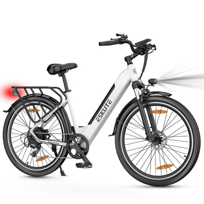 ESKUTE Elektrofahrrad 26 Zoll Polluno Plus, Pendlerfahrrad, E-Cityrad, Elektrisches Stadtrad mit 36V, 20Ah Li-Ion Akku, Hybridmodus Reichweite bis zu 120KM, EU-konformes E-Bike, Weiß