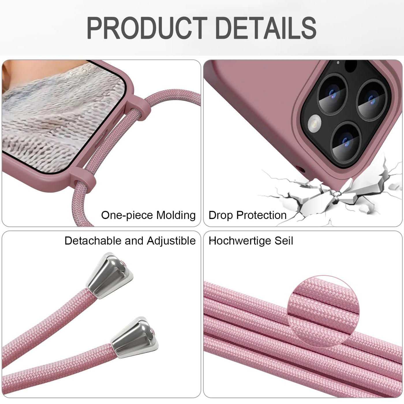 Eherui Handykette für iPhone 16 Pro Hülle mit Band,Design Gold Herz,Dünn Stoßfeste SchutzHülle,mit Abnehmbar Kordel zum Umhängen Liquid Silikon Case Handyhülle für iPhone 16 Pro 6,3 Zoll,Rosa