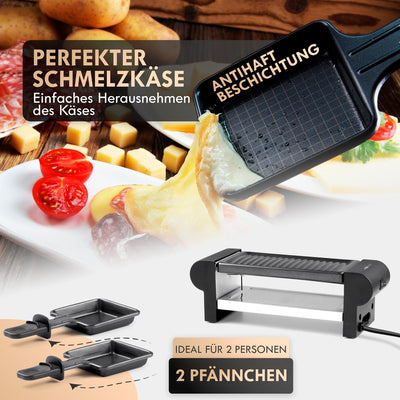 Clatronic® Raclette 2 Personen | Mini Raclette mit ca. 20,5 x 10,5 cm Grillfläche | für Grillen & Überbacken | antihaftbeschichtete Grillplatte & Pfännchen | 350W | RG 3592