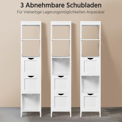 Yaheetech Hochschrank, Badezimmerschrank Aufbewahrungsschrank, mit 3 Schubladen und 2 offenen Fächern, schmales Badmöbel Badregal, 30 × 30 × 142 cm, Weiß