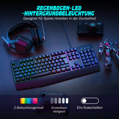 Gaming Tastatur PC, PS4 Tastatur USB, Regenbogen Beleuchtete Tastatur LED, Langlebig, Ergonomisch, Wasserdicht, Leise Tasten, Gaming Keyboard ideal für PC Mac Xbox PS4 Gamer|Büro（Deutsches Layout）