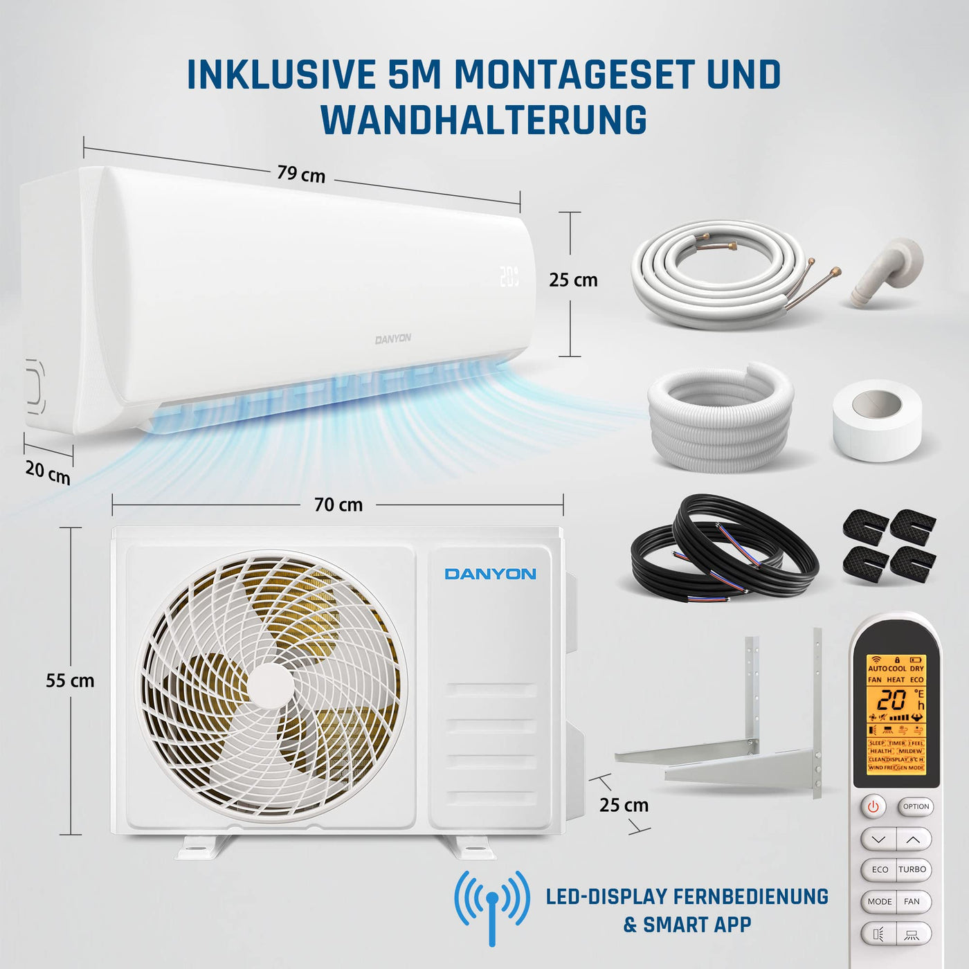 Danyon Klimaanlage Split - 12000 BTU - 3,4 kW, Selbstreinigung, leise, Smart Home, Inverter Klimagerät mit Heizfunktion, Splitgerät vorgefüllt mit R32 Kältemittel, Timer, bis 59 m2, 5m Komplettset