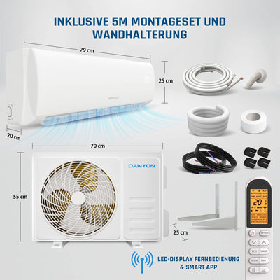 Danyon Split Klimaanlage Quick Connect - 12000 BTU (3,4 kW) - Inverter Klimagerät mit Heizfunktion, WiFi und App - bis 55qm - sehr leise - 5m Kupferleitung, Kältemittel R32, Montageset