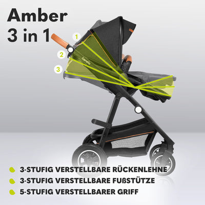 LIONELO Amber Kinderwagen 3 in 1 Kombikinderwagen Set sportlicher Sitz fester Babywanne Autositz Tasche Moskitonetz Regenschutz XXL-Dach mit Sonnenschutz (GRAU GRAFIT)