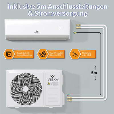 Klimaanlage Set Split - mit WiFi/App Funktion Klimagerät - Kühlen A++/ Heizen A+ 12000 BTU/h (3.500 Watt) Kältemittel R32 - Fernbedienung, Timerfunktion - inkl. Montagematerial (VSK-12000BTU)