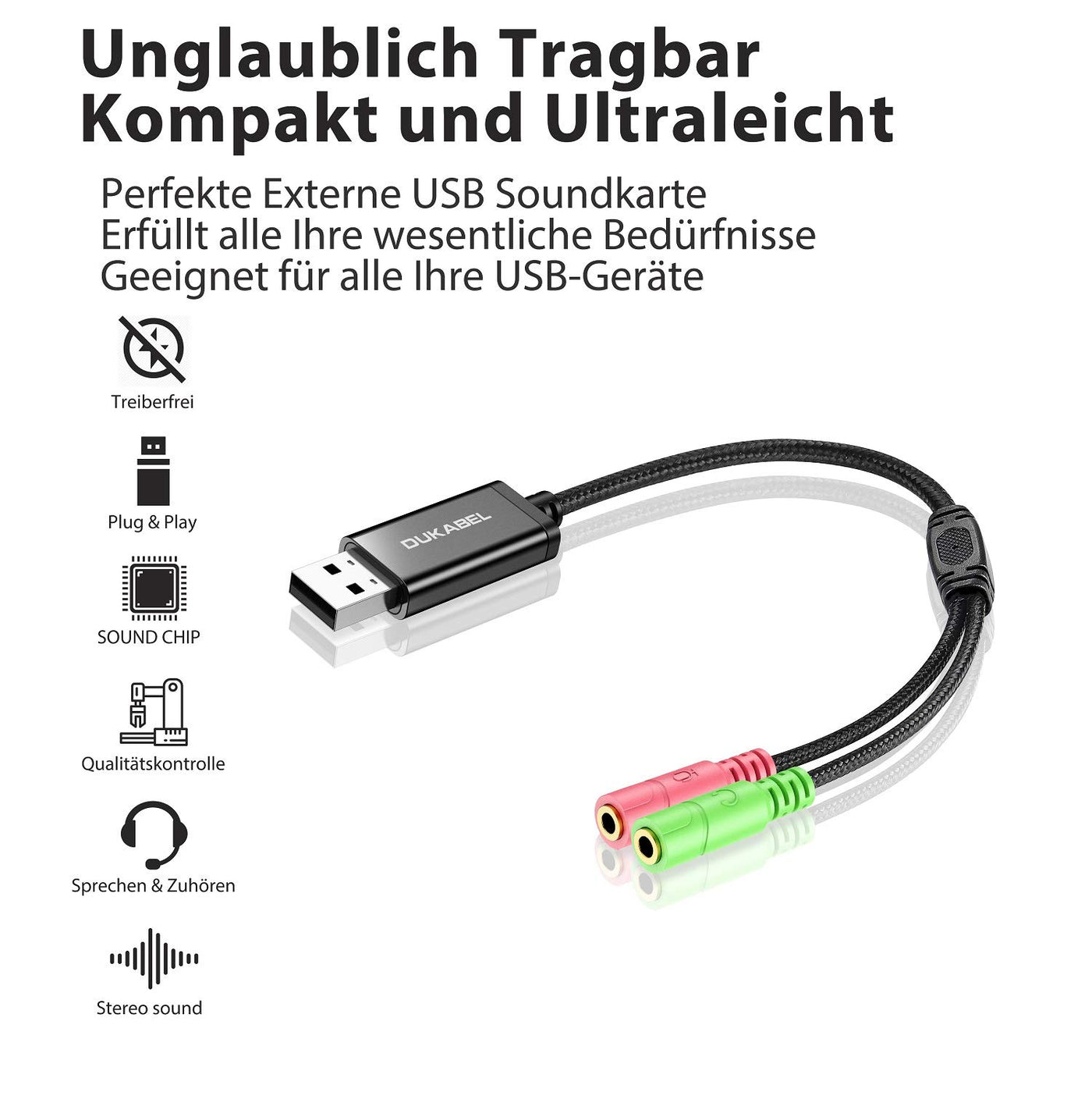 DuKabel Externe USB Soundkarte Adapter für Computer, Laptop und PS4, USB auf 2 x 3.5mm Buchse Aux Audio Konverter Kabel für Kopfhörer, Lautsprecher und 3 Pole TRS Mikrofon - Schwarz