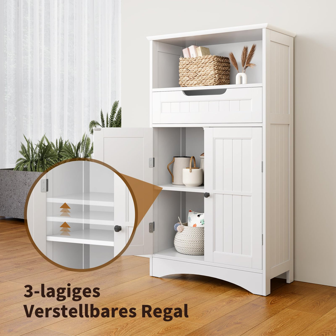 Bealife Badezimmerschrank, Badezimmer-Aufbewahrungsschränke mit großer Schublade, 2 Türen mit verstellbaren Regalen für Badezimmer, Wohnzimmer, Schlafzimmer, 108 x 60 x 30 cm, Weiß