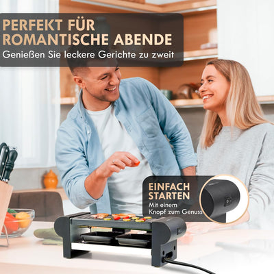 Clatronic® Raclette 2 Personen | Mini Raclette mit ca. 20,5 x 10,5 cm Grillfläche | für Grillen & Überbacken | antihaftbeschichtete Grillplatte & Pfännchen | 350W | RG 3592