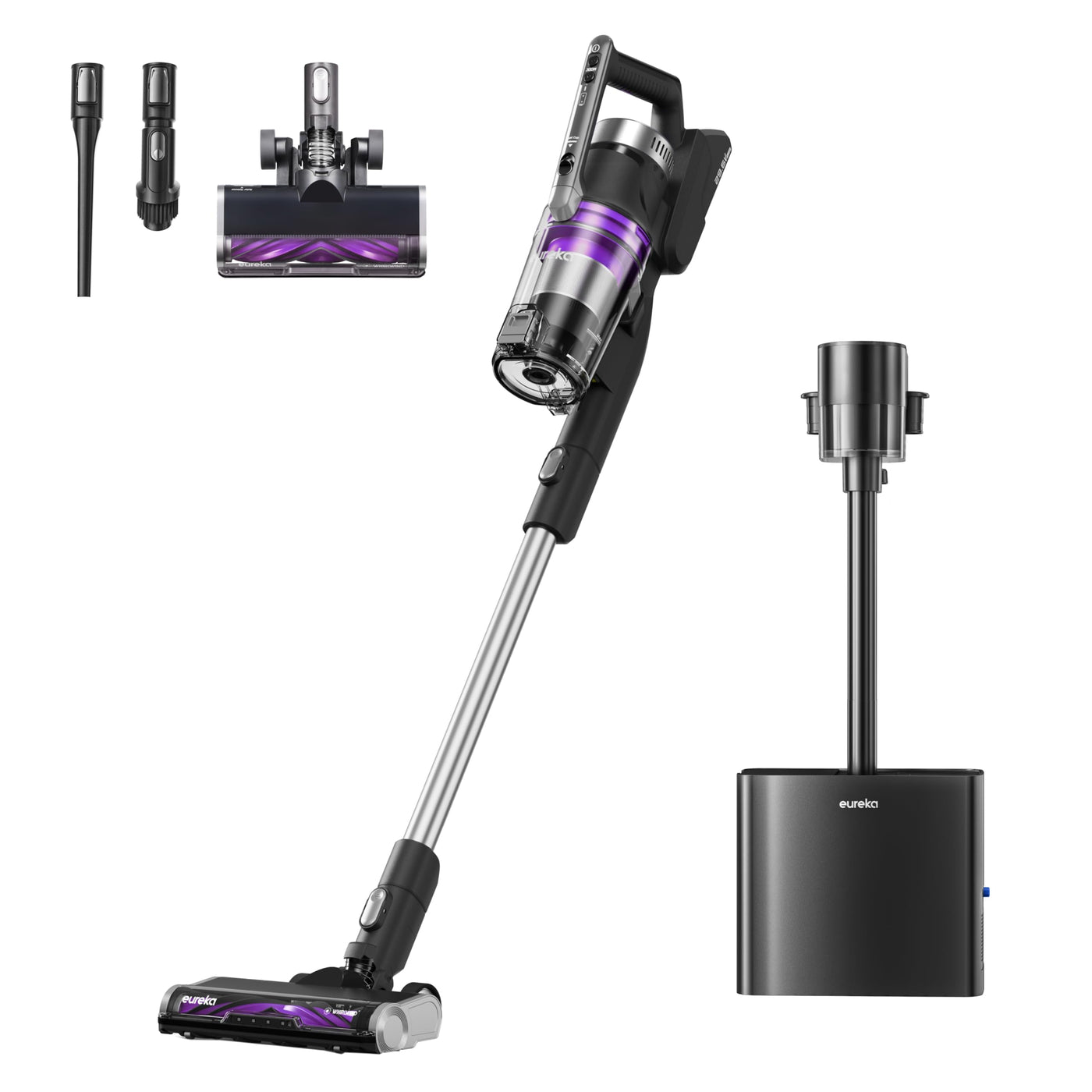 Eureka Stylus Elite Akku Staubsauger mit Absaugstation, 24000 Pa, Automatische Staubentleerung, 3L Staubbeutel, 60 Minuten Laufzeit, Anti-Verwicklungsbürste, LED-Scheinwerfer, Abnehmbarer Akku