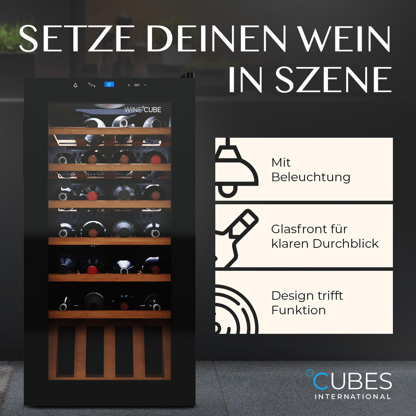 °CUBES Weinkühlschrank 28 Flaschen (90L) mit eleganter Glastür & hochwertigen Regalen aus Buchenholz | 5-18°C, vibrationsarm & leise (40dB) | Weinschrank mit LED Display - Tolles Geschenk