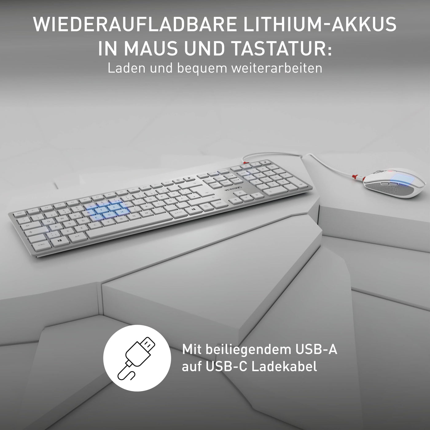 CHERRY DW 9100 SLIM, Kabelloses Tastatur- und Maus-Set, Pan-Nordisches Layout (QWERTY), Bluetooth & 2,4 GHz Funk, Leise Tasten, Wiederaufladbar, Weiß-Silber