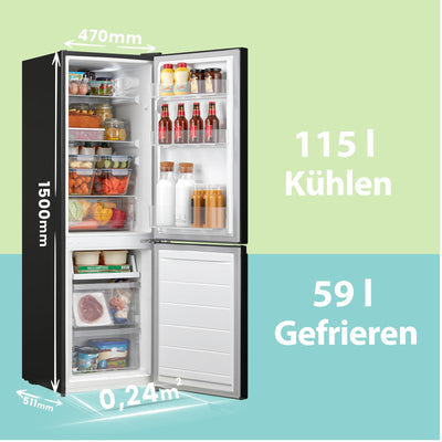 Comfee' RCB169DK3 Kühlschrank mit Gefrierfach 150cm Höhe/Kühl-/Gefrierkombination/Low Frost/174L/leise Kühlgefrierkombi 38dB/Einstellbare Kühlschranktemperatur/LED-Licht/156 kWh/Jahr/Schwarz