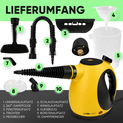 Clatronic® Dampfreiniger | gegen Fett, Schmutz und Verunreinigungen | Dampfreiniger Polstermöbel | ohne Chemikalien | Steam Cleaner für Auto, Küche, Bad | Dampfreiniger Handgerät | 5m Kabel | DR 3653