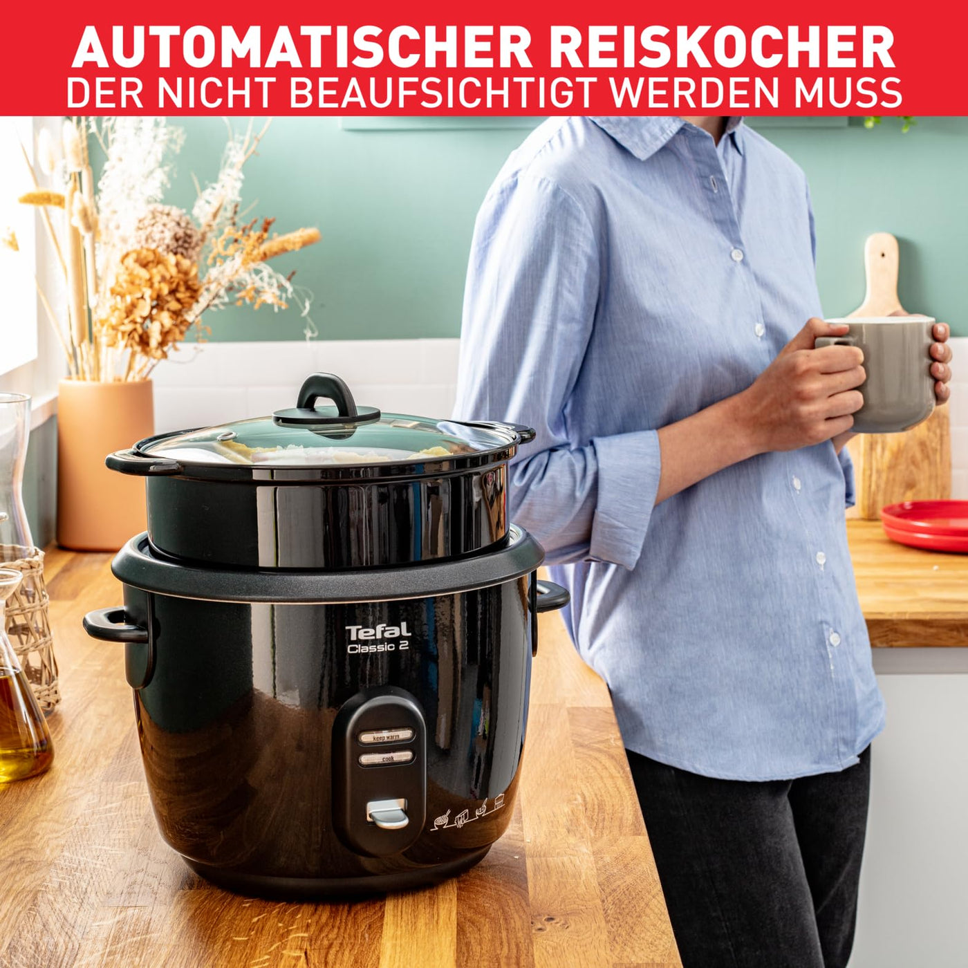 Tefal New Classic Reiskocher RK1038 | automatische Programme | Warmhaltefunktion | 5L Fassungsvermögen | Dampfgarfunktion | schwarz-metallic