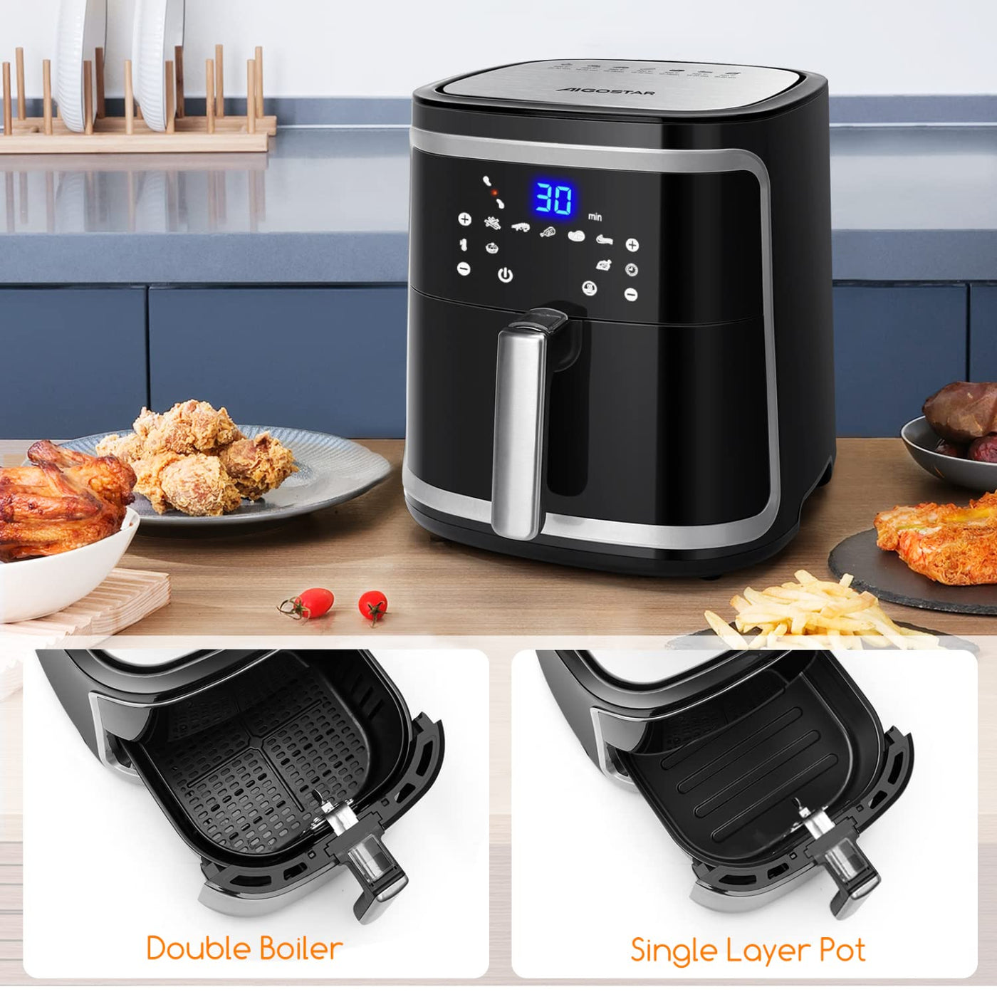 Aigostar Cube - Heißluftfritteuse 7L XXL, Airfryer 1900W, 7 Programmen, Warmhalten, 20 Rezepte, ohne Öl, für 6-10 Personen, Air Fryer mit Digitalem LED-Touchscreen, Schwarz