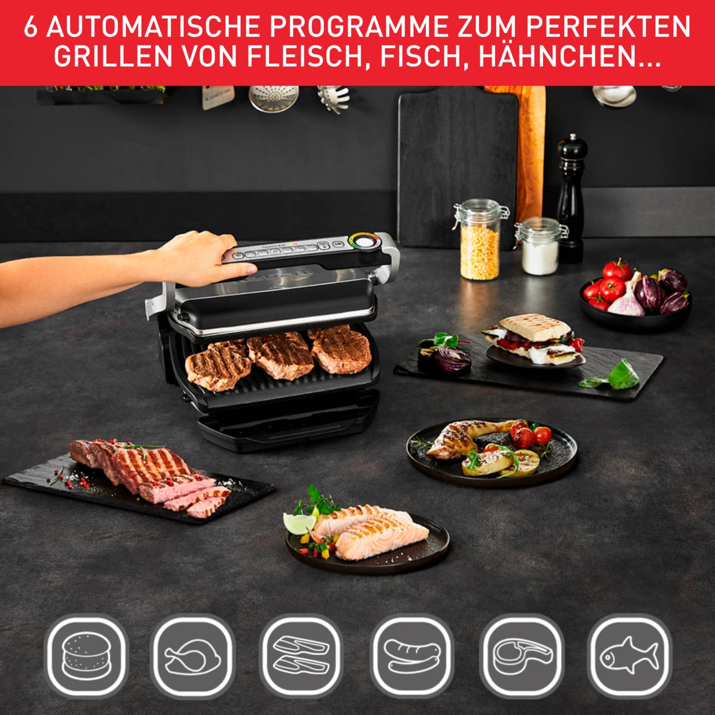 Tefal OptiGrill & Bake Kontaktgrill mit Backschale, 6 Programme, Garstufenanzeige, Abnehmbare Platten, Elektrogrill, Edelstahl, GC714D10, Silber