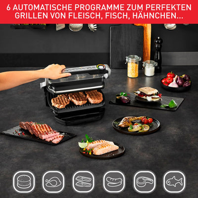 Tefal OptiGrill & Bake Kontaktgrill mit Backschale, 6 Programme, Garstufenanzeige, Abnehmbare Platten, Elektrogrill, Edelstahl, GC714D10, Silber