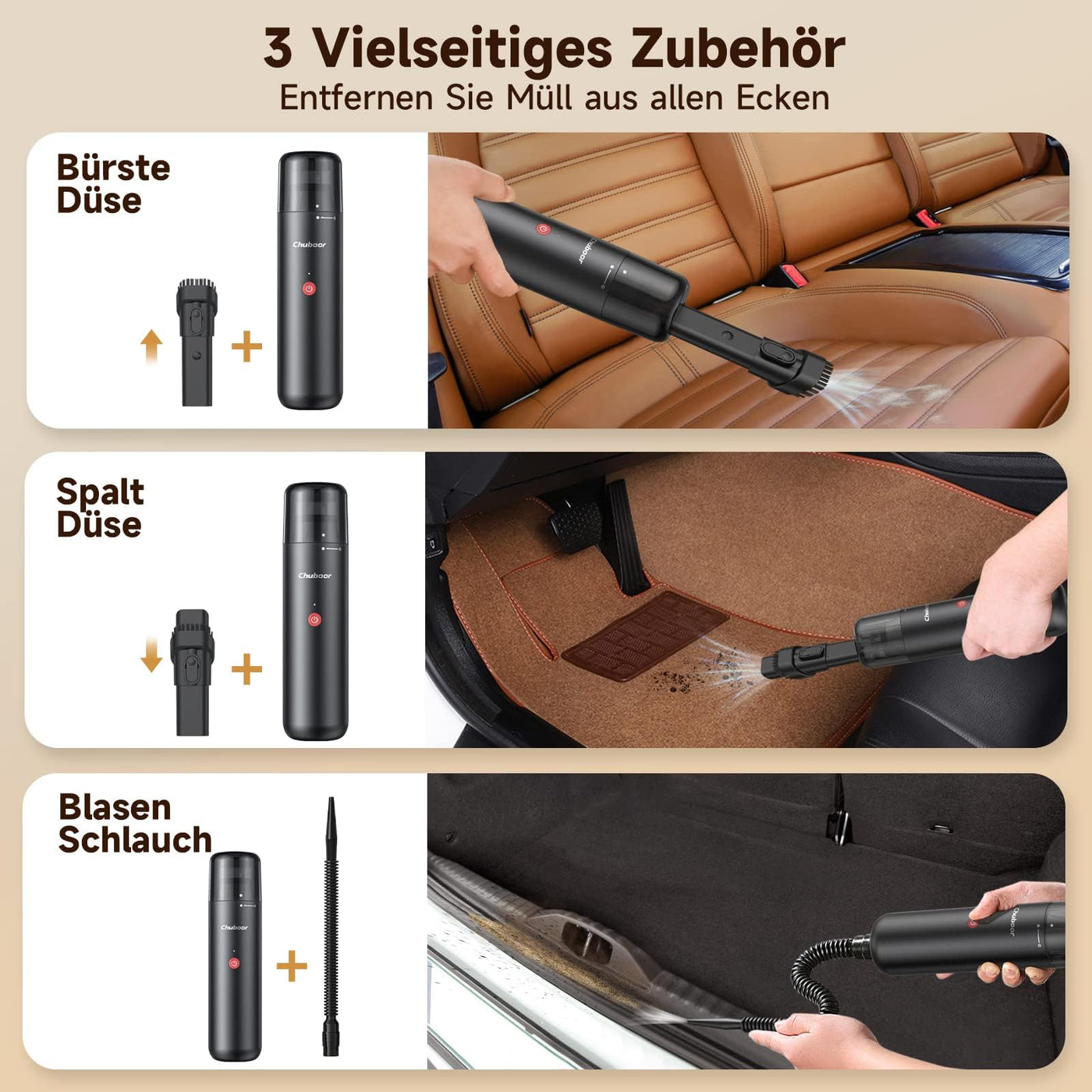 Chuboor Handstaubsauger, 8000Pa Handstaubsauger Akku, Handsauger Kabellos mit USB-C Schnellladung, Mini Saubsauger fur Auto Zuhause Wohnmobil Tierhaare-Schwarz