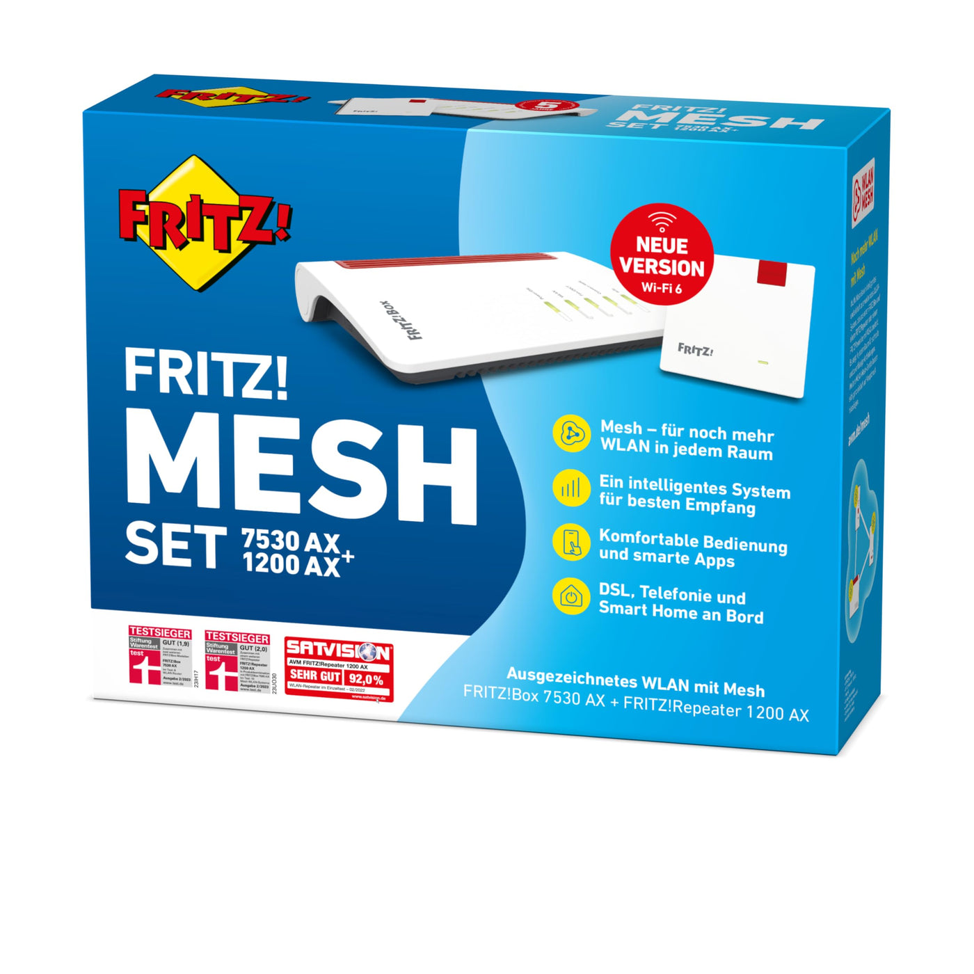 AVM FRITZ!Mesh Set: FRITZ!Box 7530 AX (Wi-Fi 6 Router mit 1.800 MBit/s + 600 MBit/s) und FRITZ!Repeater 1200 AX (Wi-Fi 6 Repeater mit 2.400 Mbit/s + 600 Mbit/s, deutschsprachige Version)