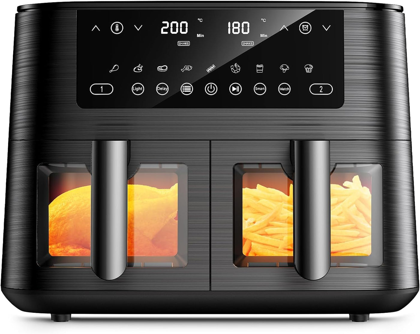 Dual Zone Heißluftfritteuse mit Sichtfenster, 9L XL Kapazität Doppel-Airfryer, 2 Schubladen, 9-in-1 Kochvorgaben, Touchscreen, Smart und Timer-Funktion, Gesunde Friteuse ohne Öl und fettarmes Kochen