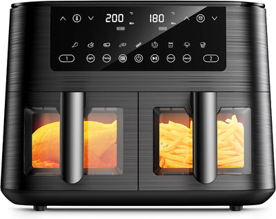 Dual Zone Heißluftfritteuse mit Sichtfenster, 9L XL Kapazität Doppel-Airfryer, 2 Schubladen, 9-in-1 Kochvorgaben, Touchscreen, Smart und Timer-Funktion, Gesunde Friteuse ohne Öl und fettarmes Kochen