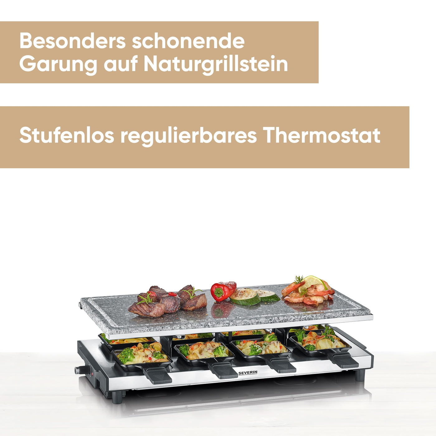 SEVERIN Raclette mit Naturgrillstein, elektrischer Tischgrill, Raclette für 8 Personen mit Grillplatte und 8 Pfännchen, Kunststoff/Edelstahl, schwarz, RG 2374