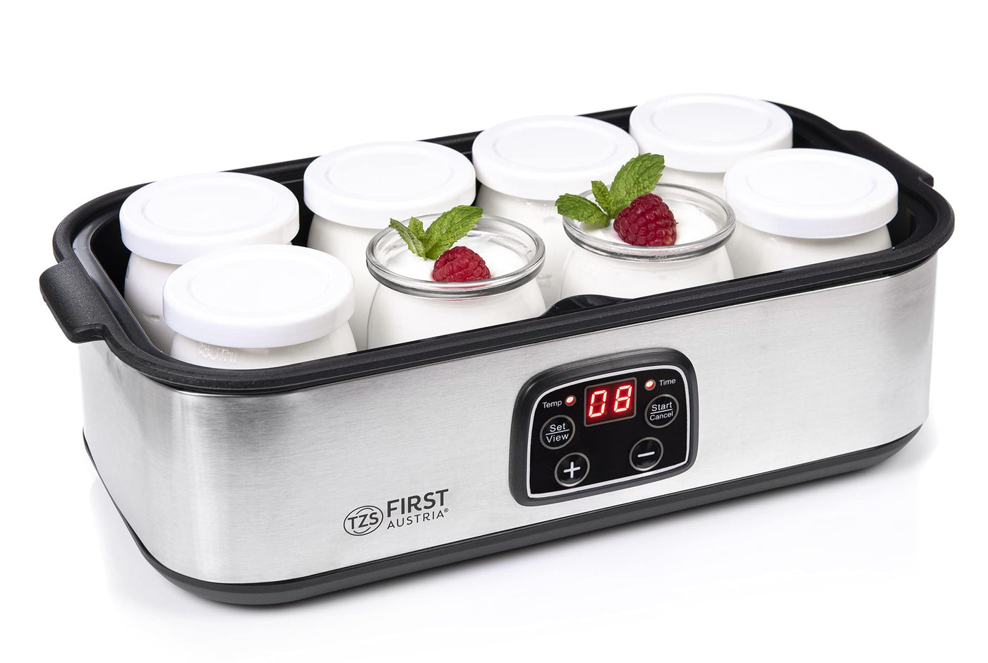 TZS First Austria elektischer Joghurtbereiter, Joghurt Maker, 30 W, 8 Gläser, 190 ml, LCD-Display, Temperatureinstellung, Timer- und Auto-Stop-Funktion, weiß/grau