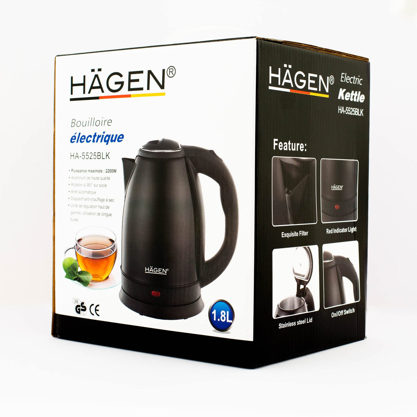 Hagen - Edelstahl - Elektrischer Wasserkocher - Kabelloser Wasserkocher - Edelstahl Wasserkocher - Kabelloser 1.8L Edelstahl Wasserkocher HAGEN HA5525-BLK-Schwarz