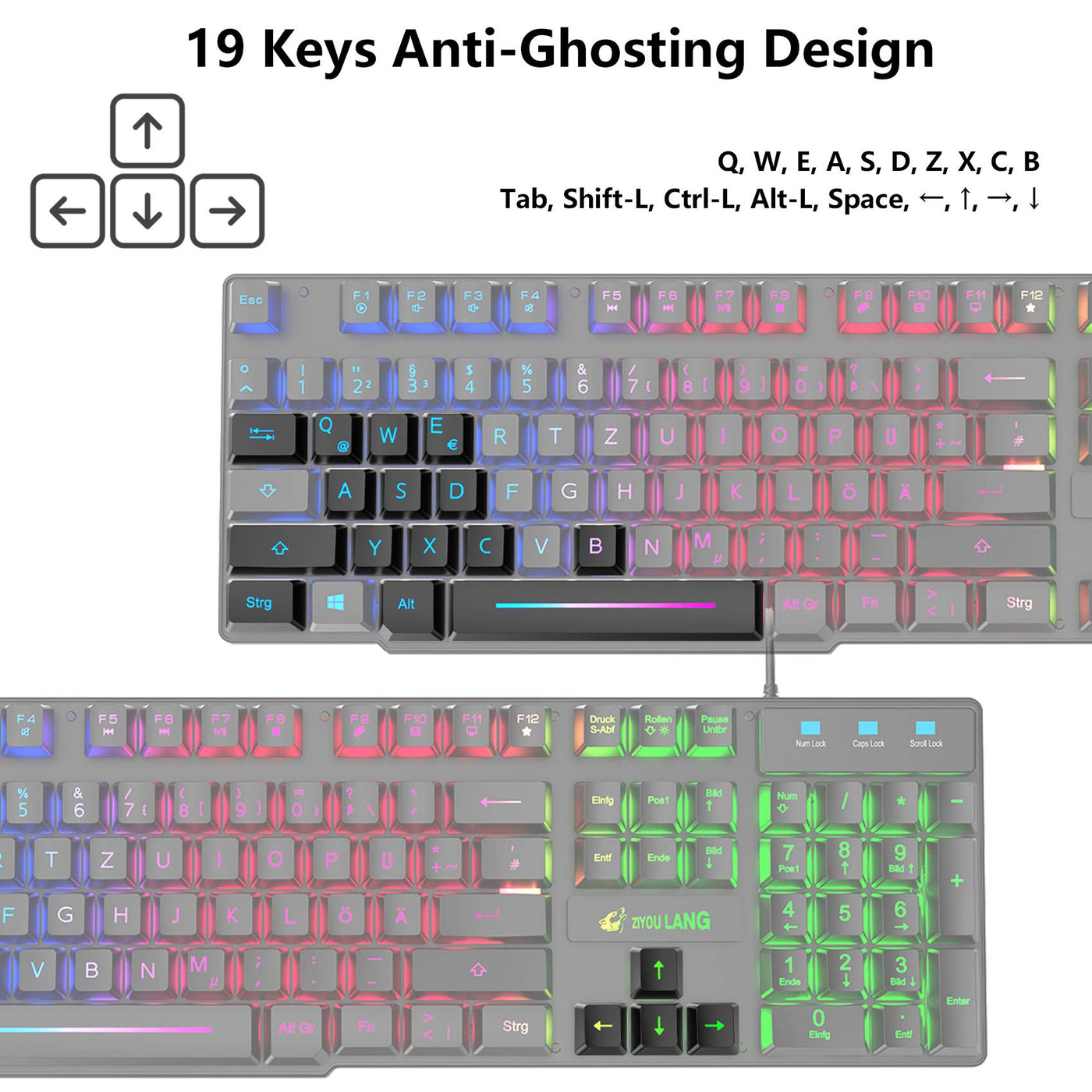 Gaming Tastatur Und Maus Set, QWERTZ German Layout Regenbogen LED Hintergrundbeleuchtung Ergonomische Keyboard 6 Tasten 2400 DPI Maus und Mauspad, USB Verkabelt, Kompatibel mit PS4 Xbox, Schwarz