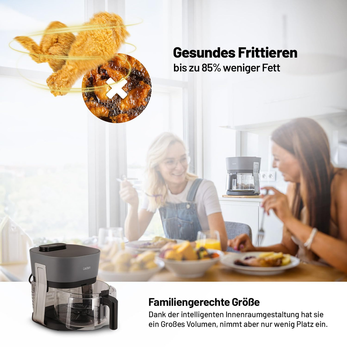 Lauben Glass&Steam Heißluftfritteuse 4500BG Air Fryer mit Glasfrittierkorb, Dampffunktion, 8 Programme, manuelle Zeit- und Temperatureinstellung, spülmaschinenfester Korb, Behältervolumen 4,5l