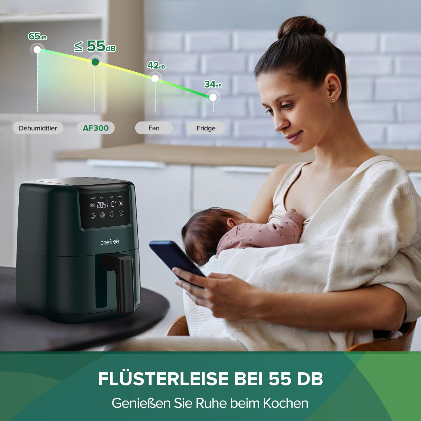 Chefree Heißluftfritteuse 2L, Kompakt, Energiesparend,Antihaft-Frittierkorb, digitaler Touchscreen, Frittieren ohne Öl, 900W, spülmaschinenfest, BPA-frei,AF300, Dunkelgrün