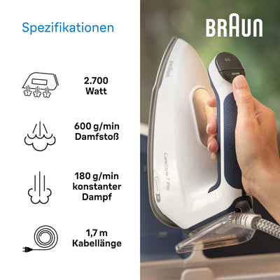 Braun CareStyle 7 Pro Dampfbügelstation IS 7282 BL – Dampfbügeleisen mit FreeGlide 3D Bügelsohle, iCare-Funktion, abnehmbarer 2 L Wassertank, Dampfstoß 600 g/min, 2700 Watt, Blau/Weiß