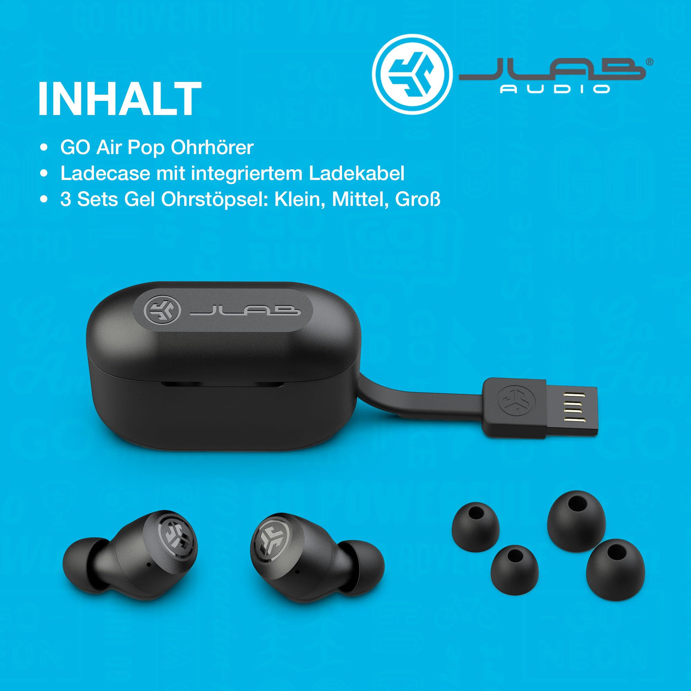 JLab Go Air Pop In Ear Kopfhörer kabellos Bluetooth, True Wireless Kopfhörer, 32+ Std Headphones, kabellose Ohrhörer, Earbuds mit Mikrofon, USB Ladebox, Dual Connect, EQ3 Sound, Schwarz