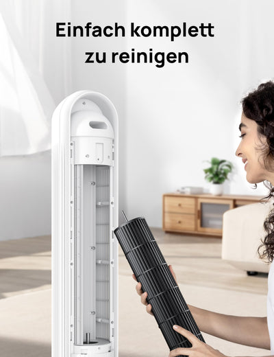 Dreo 28dB Leiser Turmventilator, 7,3m/s Geschwindigkeit 4 Geschwindigstufen 4 Modi 8 Std. Timer 90° oszillierende Ventilatoren mit Kühlung Fernbedienung für Schlafzimmer, Nomad One,Weiß