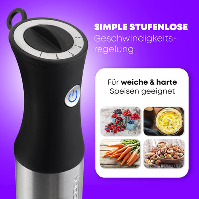 ProfiCook® Stabmixer | Edelstahl | 1000 Watt | Extra langer 27 cm Stab | Geschwindigkeitsregulierung | ergonomischer Soft-Touch-Griff | 4-fach Edelstahlmesser | Abnehmbarer Mixstab | PC-SM 1094