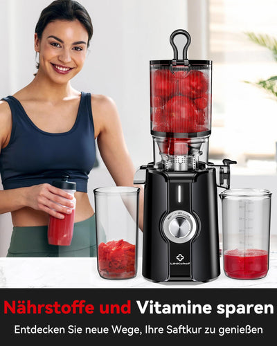 LINKChef Schnellreinigungs Entsafter, NO-Prep Entsafter Gemüse und Obst, Blitzreiniger Saftpresse Slow Juicer Testsieger mit Einfacher Installation, BPA Frei, 115mm, 1.2L, 200w Schwarz