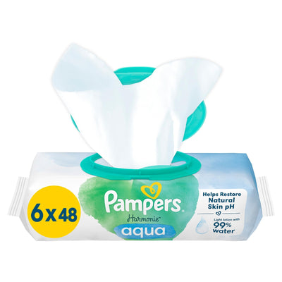 Pampers Harmonie Aqua Feuchttücher 6 Packungen mit jeweils 48 Feuchttüchern - 288 Feuchttücher, die helfen, den natürlichen pH-Wert der Haut wiederherzustellen, leichte Lotion mit 99% Wasser