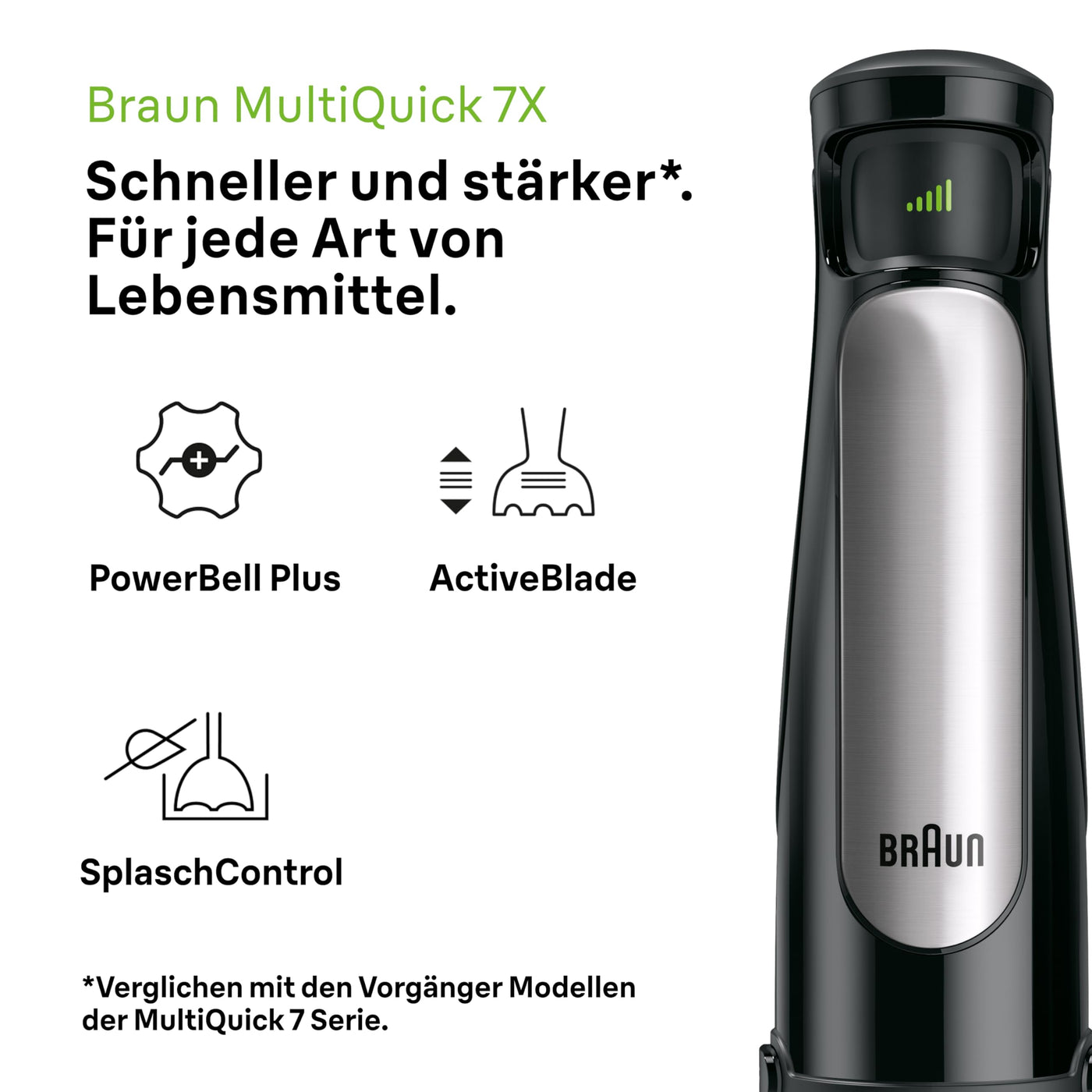 Braun MultiQuick 7 MQ 7045X Stabmixer - Pürierstab mit abnehmbarem Edelstahl Mixfuß mit ActiveBlade Technologie zum Pürieren der härtesten Zutaten, inkl. 4-teiliges Zubehör Set, 1000 Watt, Schwarz